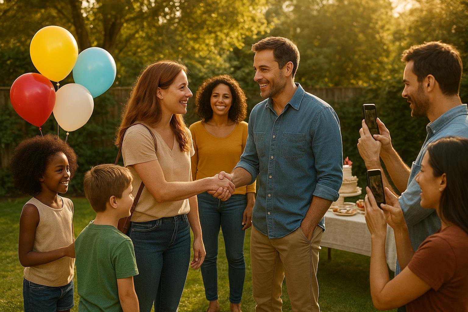 Family and friends gathering at a warm backyard birthday party
