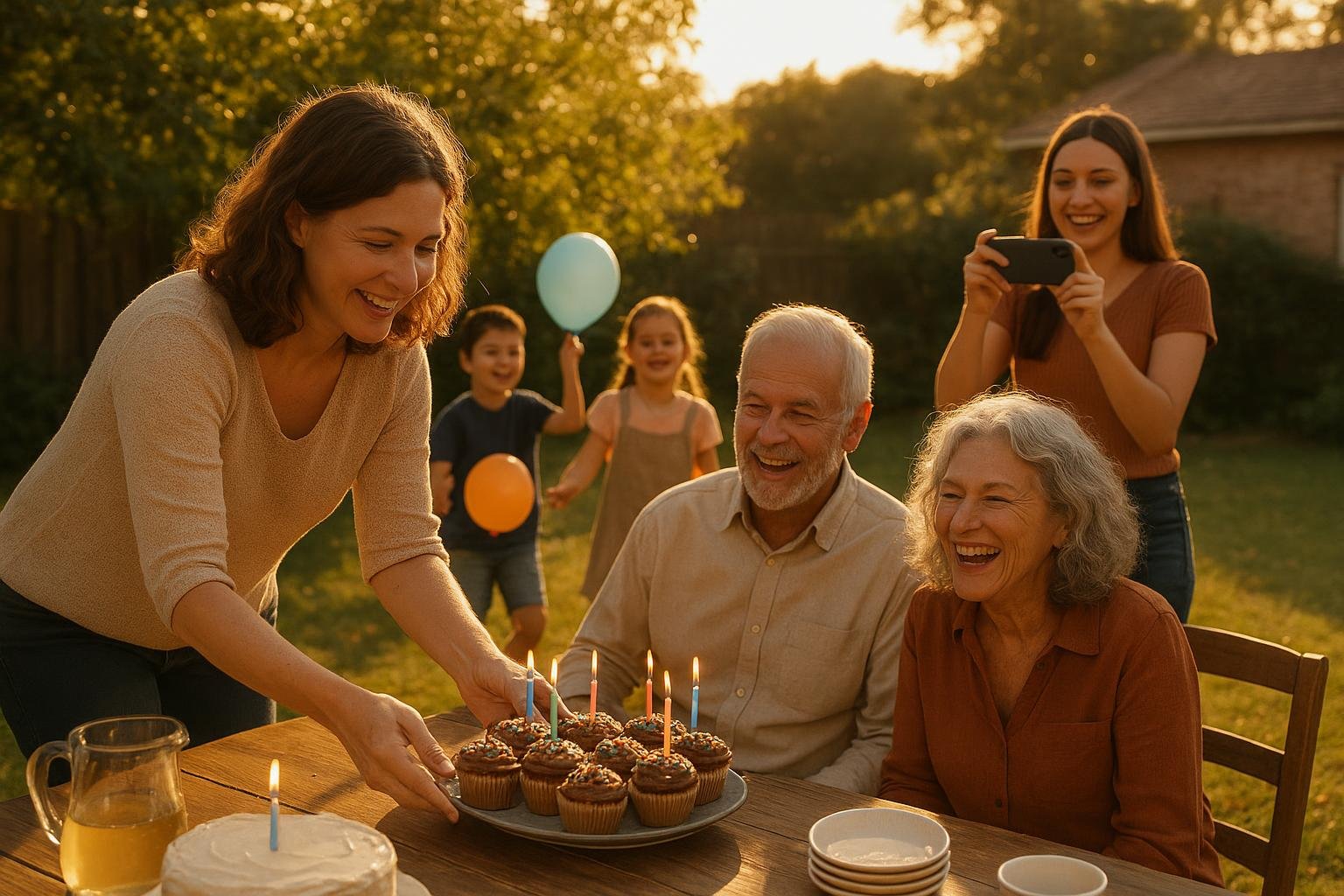 Family and friends preparing a warm backyard birthday party together