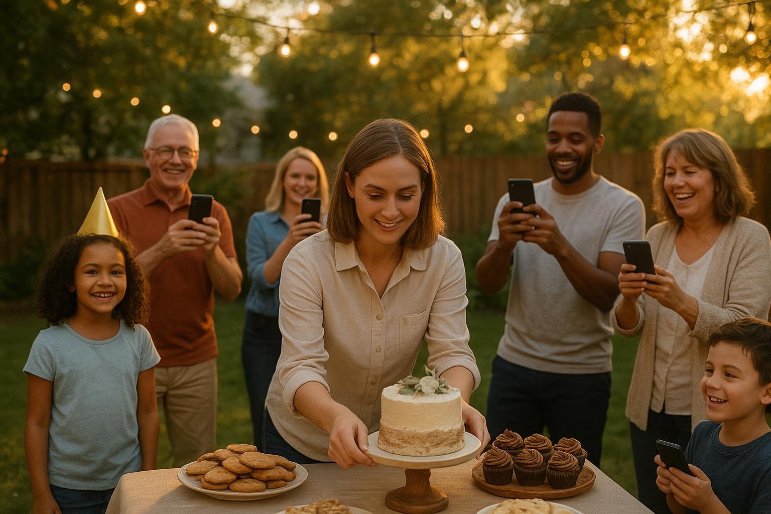 Family and friends sharing photos at a warm backyard celebration