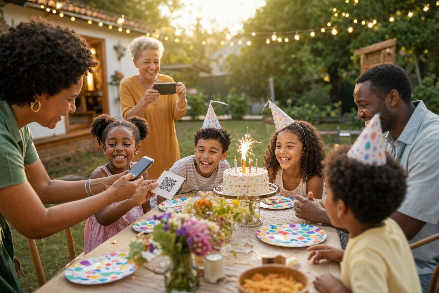Children gather around a birthday cake while family members use phones to capture and share the celebration.