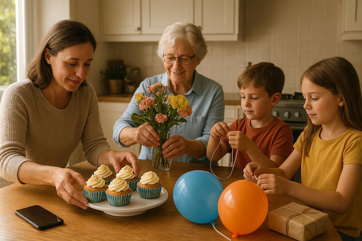 Family preparing a warm home celebration together with cupcakes, flowers, balloons, and a phone nearby.