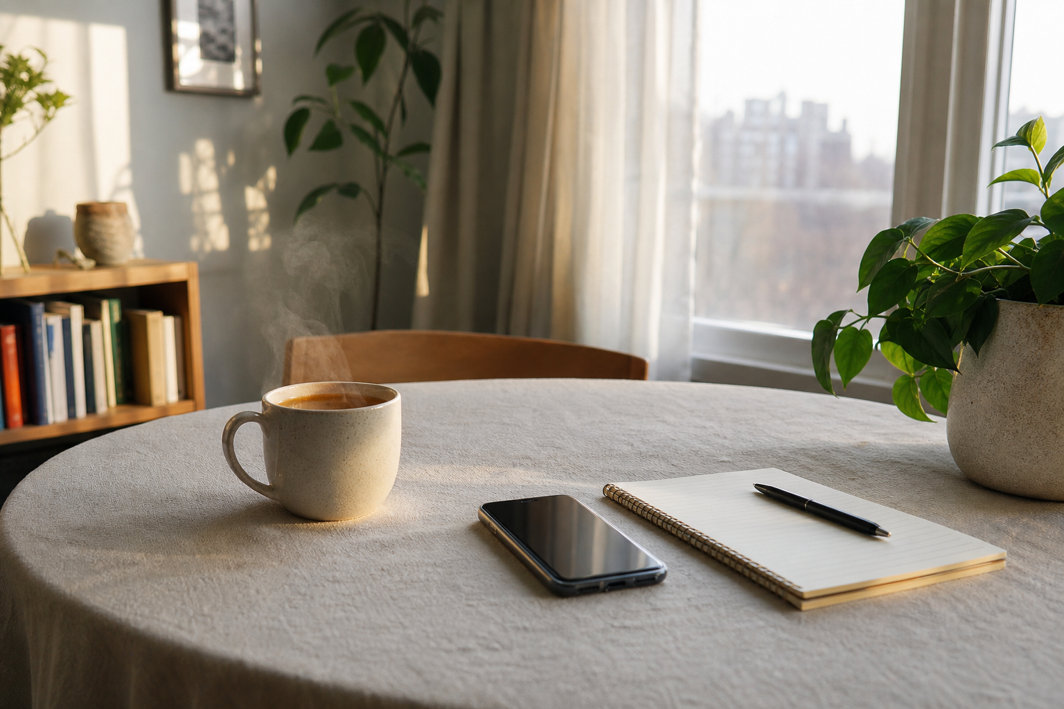 A calm morning table with a journal, pen, and phone ready for a short reflection session.